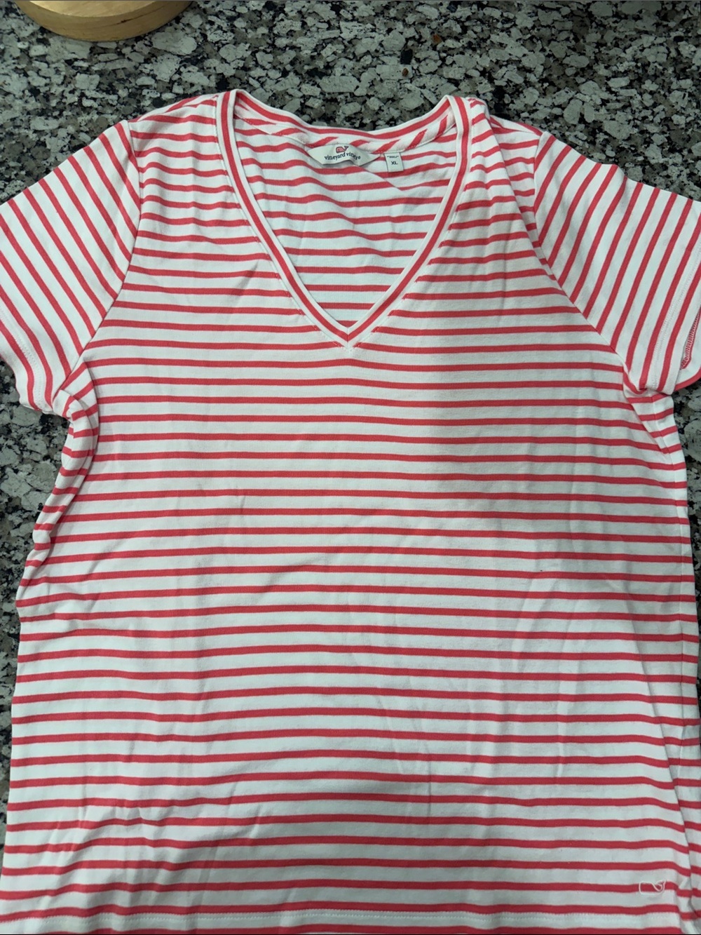 Vineyard Vines Coral and White Striped V-Neck Tee